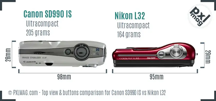 Canon SD990 IS vs Nikon L32 top view buttons comparison