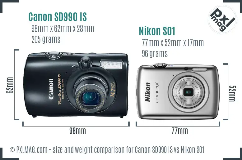 Canon SD990 IS vs Nikon S01 size comparison