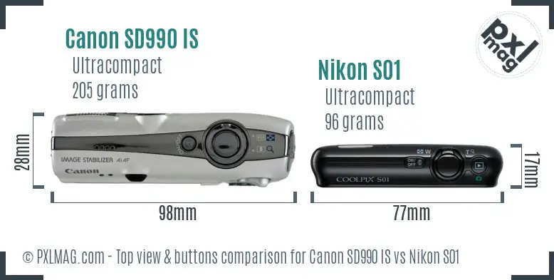 Canon SD990 IS vs Nikon S01 top view buttons comparison