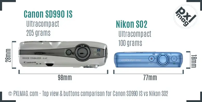 Canon SD990 IS vs Nikon S02 top view buttons comparison