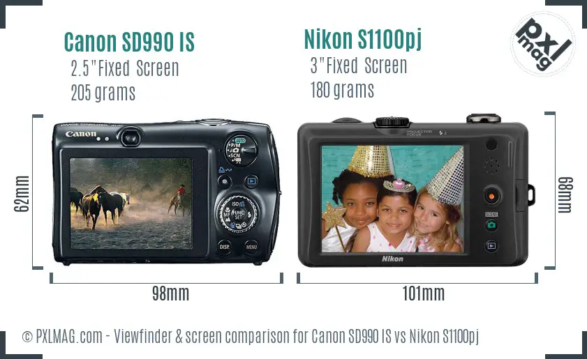 Canon SD990 IS vs Nikon S1100pj Screen and Viewfinder comparison