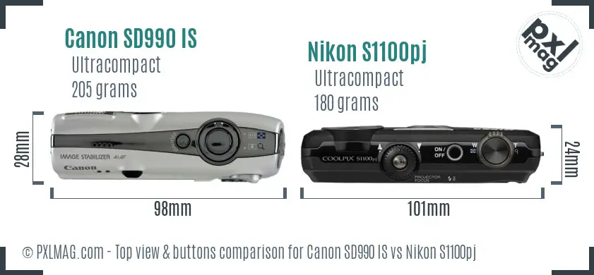 Canon SD990 IS vs Nikon S1100pj top view buttons comparison