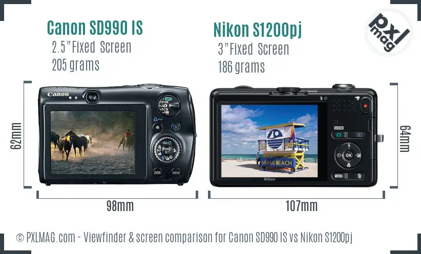 Canon SD990 IS vs Nikon S1200pj Screen and Viewfinder comparison