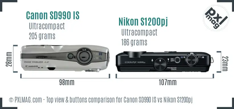 Canon SD990 IS vs Nikon S1200pj top view buttons comparison