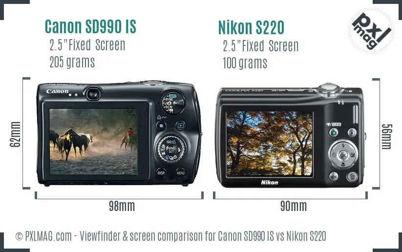 Canon SD990 IS vs Nikon S220 Screen and Viewfinder comparison