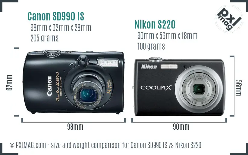 Canon SD990 IS vs Nikon S220 size comparison