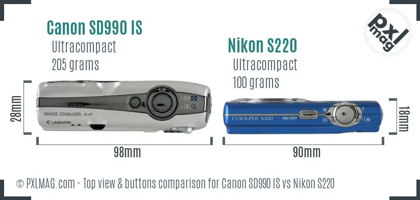 Canon SD990 IS vs Nikon S220 top view buttons comparison