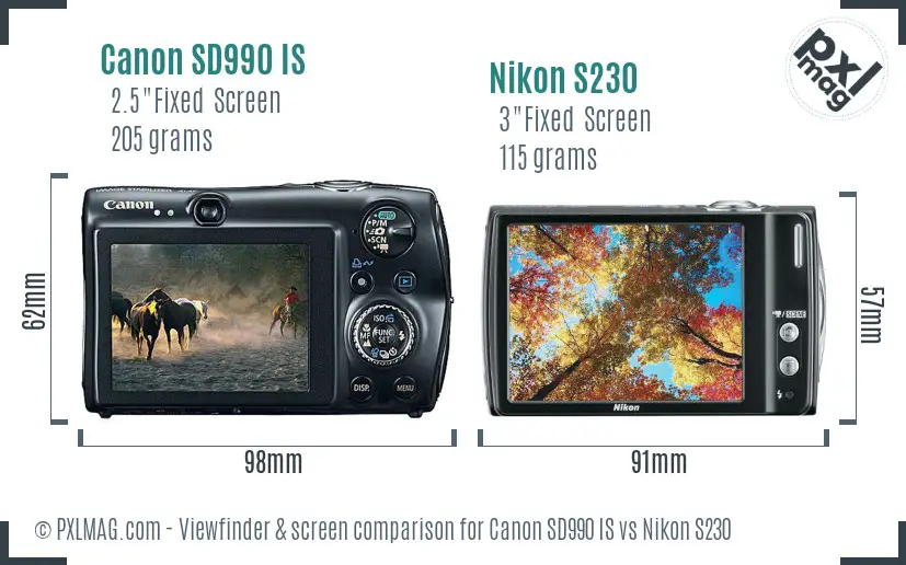 Canon SD990 IS vs Nikon S230 Screen and Viewfinder comparison