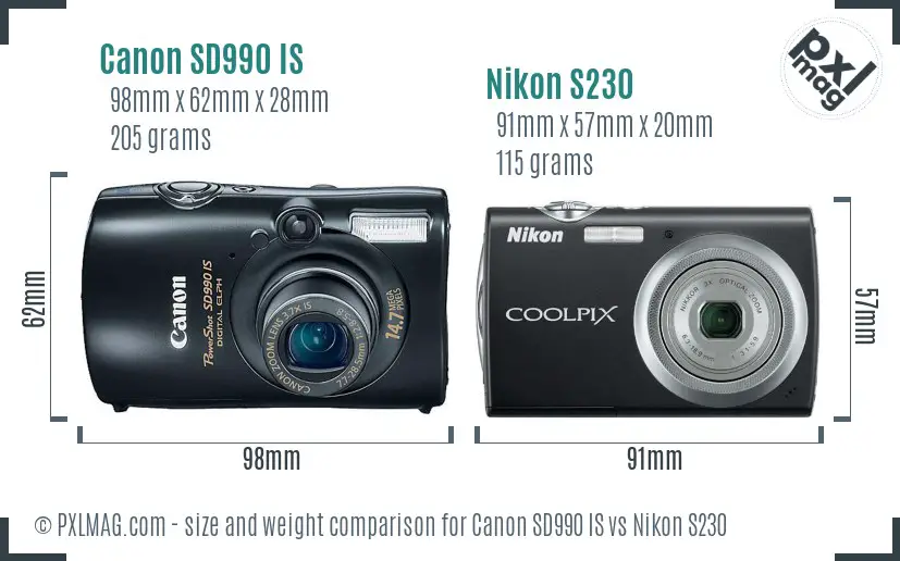 Canon SD990 IS vs Nikon S230 size comparison