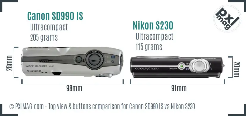 Canon SD990 IS vs Nikon S230 top view buttons comparison