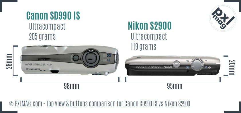 Canon SD990 IS vs Nikon S2900 top view buttons comparison