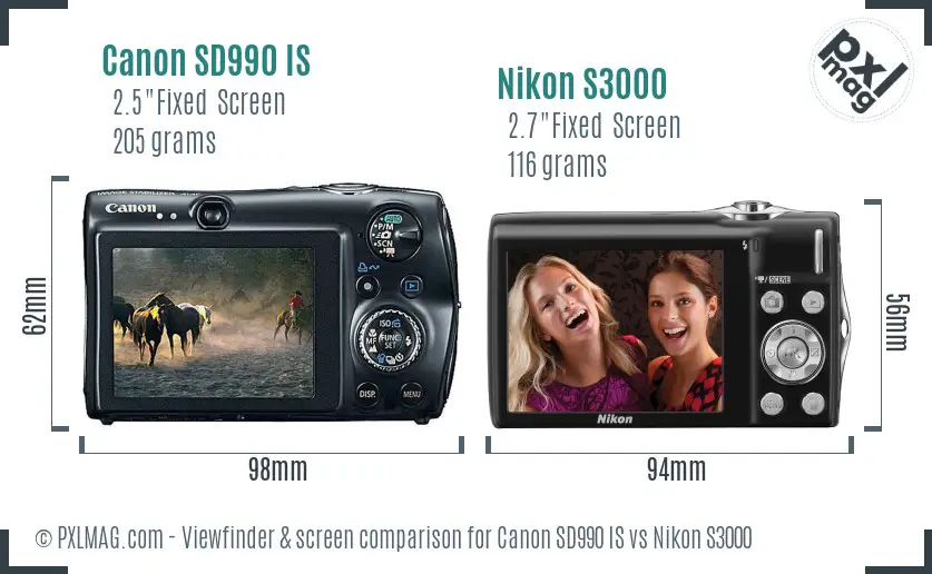 Canon SD990 IS vs Nikon S3000 Screen and Viewfinder comparison