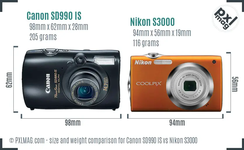 Canon SD990 IS vs Nikon S3000 size comparison