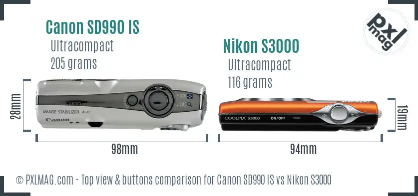 Canon SD990 IS vs Nikon S3000 top view buttons comparison