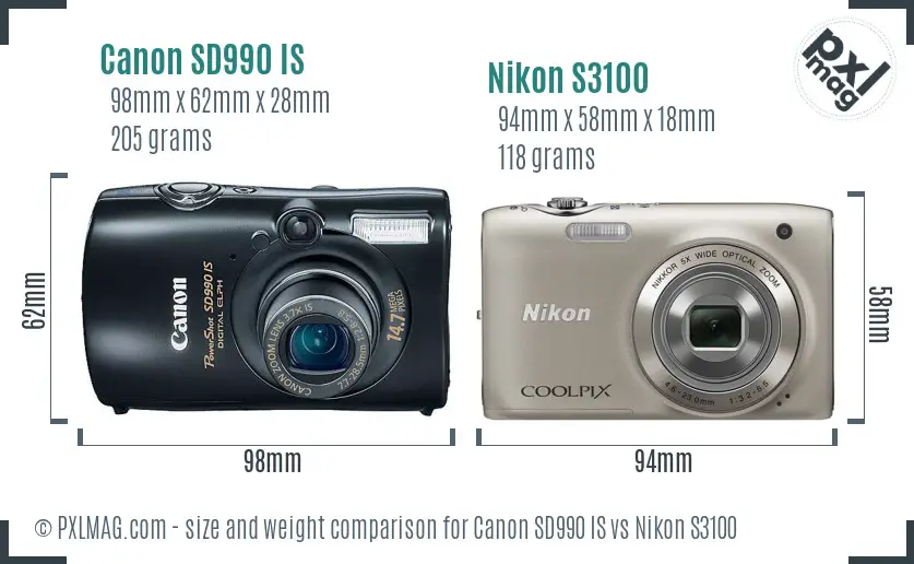 Canon SD990 IS vs Nikon S3100 size comparison