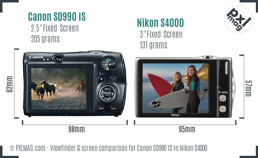 Canon SD990 IS vs Nikon S4000 Screen and Viewfinder comparison