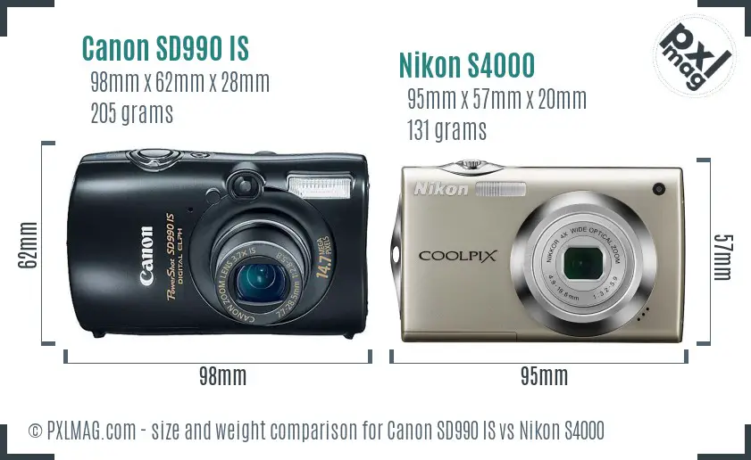 Canon SD990 IS vs Nikon S4000 size comparison