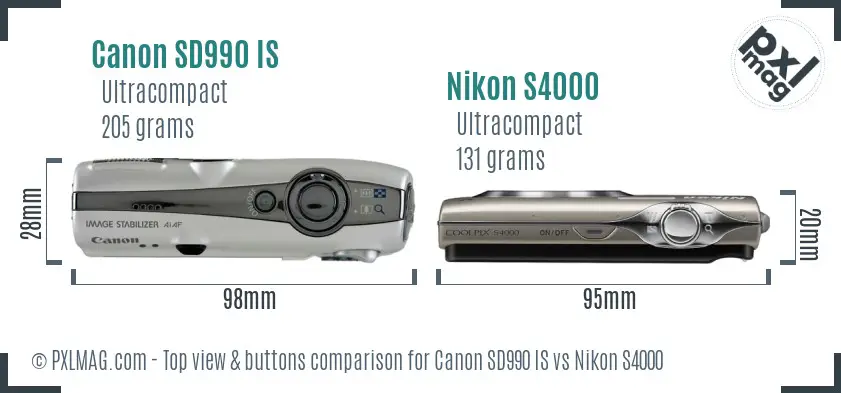 Canon SD990 IS vs Nikon S4000 top view buttons comparison
