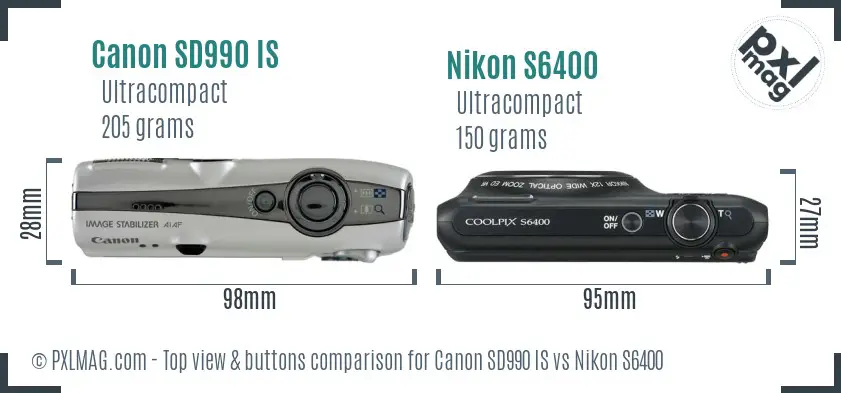 Canon SD990 IS vs Nikon S6400 top view buttons comparison