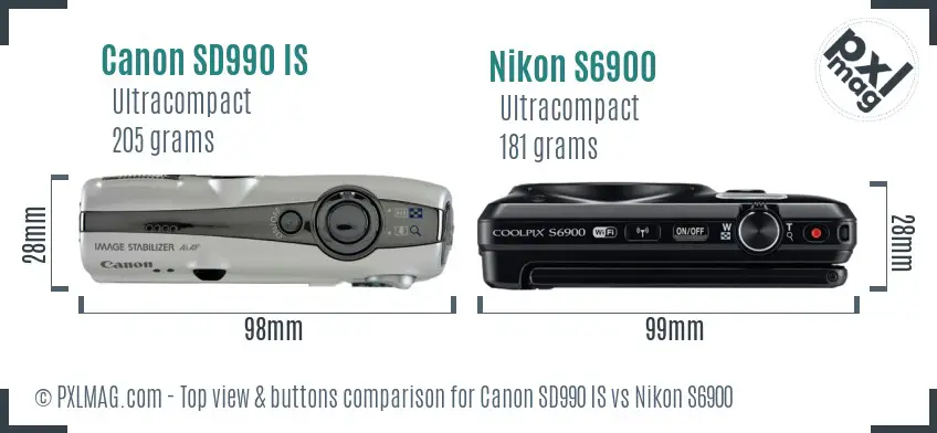 Canon SD990 IS vs Nikon S6900 top view buttons comparison