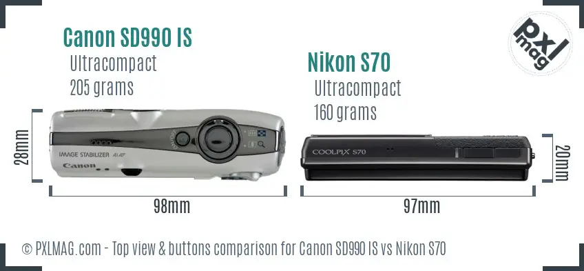 Canon SD990 IS vs Nikon S70 top view buttons comparison Canon SD990 IS vs Nikon S70 top view buttons comparison