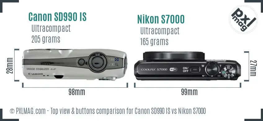 Canon SD990 IS vs Nikon S7000 top view buttons comparison