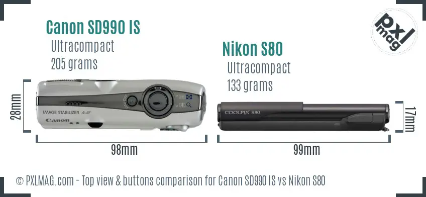 Canon SD990 IS vs Nikon S80 top view buttons comparison