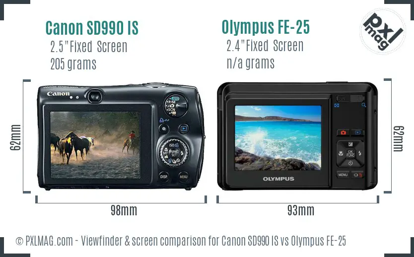 Canon SD990 IS vs Olympus FE-25 Screen and Viewfinder comparison