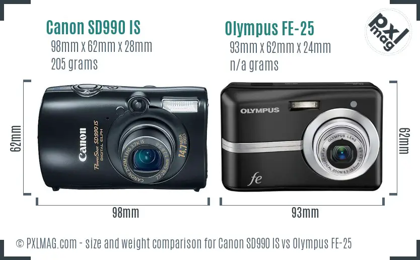 Canon SD990 IS vs Olympus FE-25 size comparison