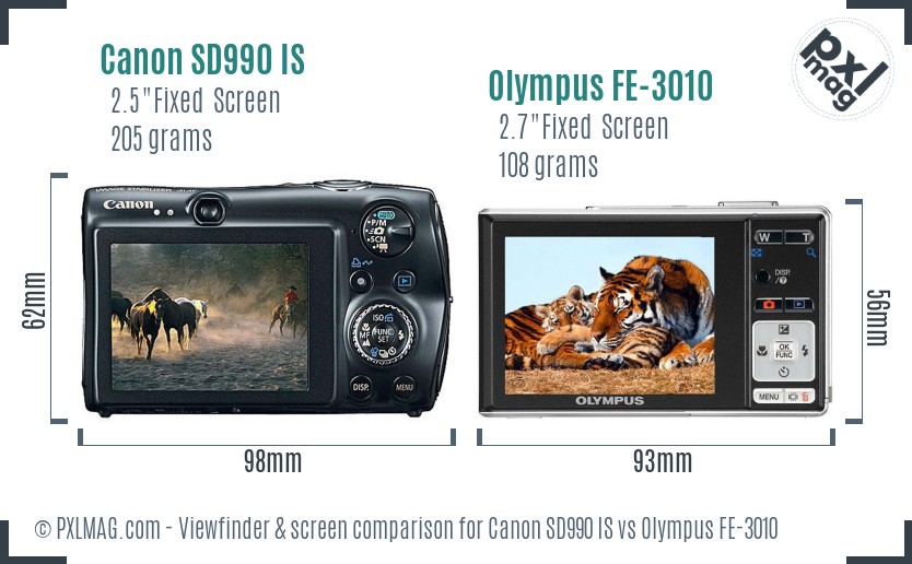 Canon SD990 IS vs Olympus FE-3010 Screen and Viewfinder comparison
