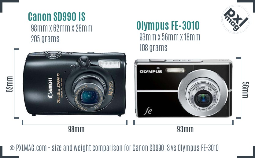 Canon SD990 IS vs Olympus FE-3010 size comparison