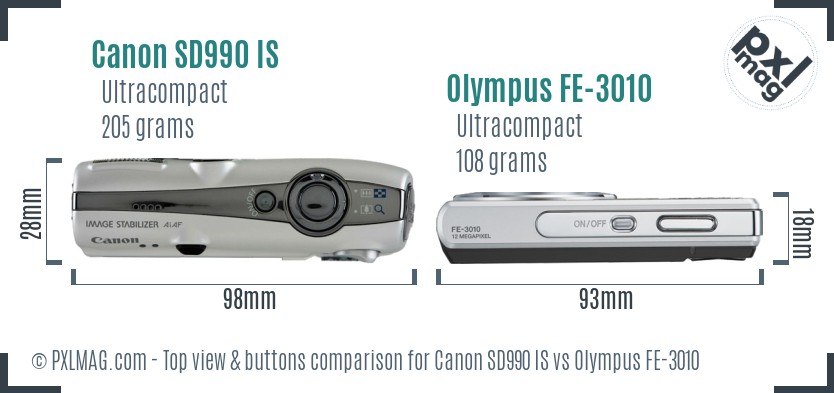 Canon SD990 IS vs Olympus FE-3010 top view buttons comparison