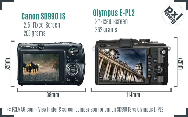 Canon SD990 IS vs Olympus E-PL2 Screen and Viewfinder comparison