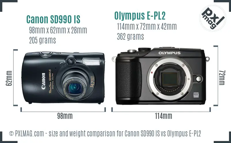 Canon SD990 IS vs Olympus E-PL2 size comparison
