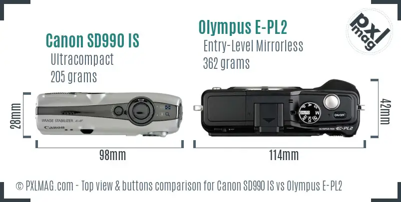 Canon SD990 IS vs Olympus E-PL2 top view buttons comparison