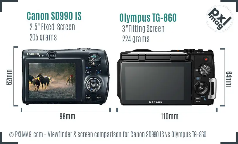 Canon SD990 IS vs Olympus TG-860 Screen and Viewfinder comparison