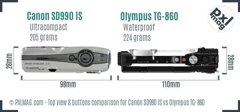 Canon SD990 IS vs Olympus TG-860 top view buttons comparison