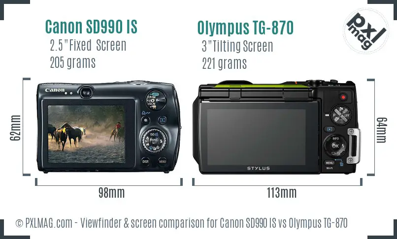 Canon SD990 IS vs Olympus TG-870 Screen and Viewfinder comparison