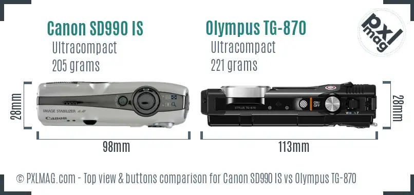 Canon SD990 IS vs Olympus TG-870 top view buttons comparison