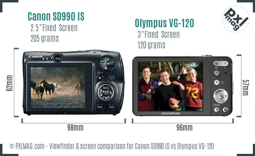 Canon SD990 IS vs Olympus VG-120 Screen and Viewfinder comparison
