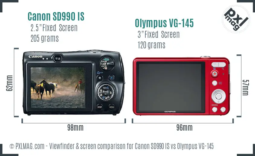 Canon SD990 IS vs Olympus VG-145 Screen and Viewfinder comparison