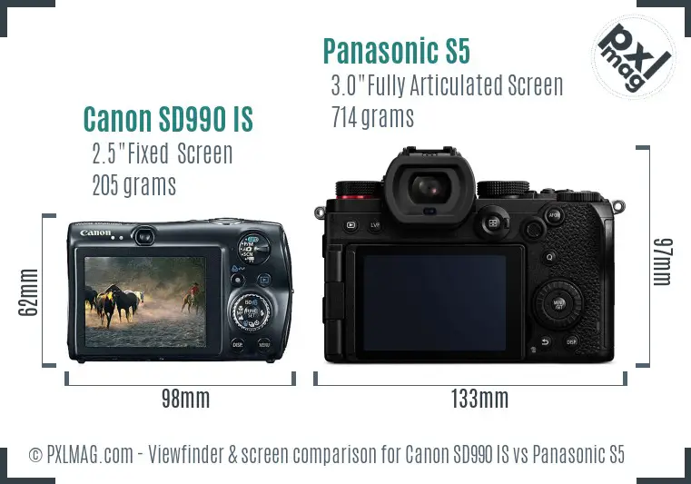 Canon SD990 IS vs Panasonic S5 Screen and Viewfinder comparison
