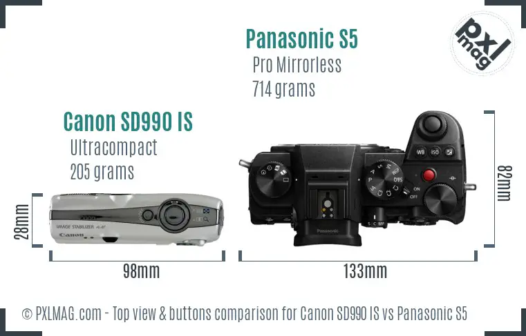 Canon SD990 IS vs Panasonic S5 top view buttons comparison