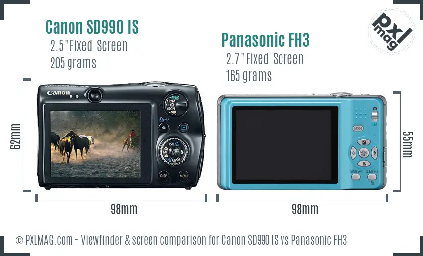 Canon SD990 IS vs Panasonic FH3 Screen and Viewfinder comparison