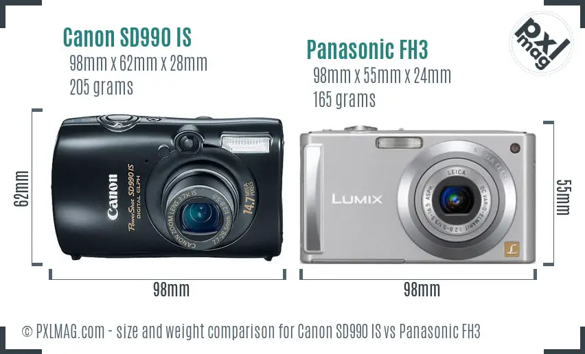 Canon SD990 IS vs Panasonic FH3 size comparison