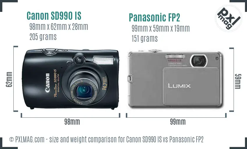 Canon SD990 IS vs Panasonic FP2 size comparison