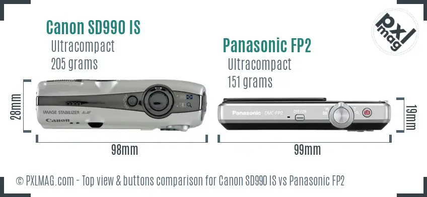 Canon SD990 IS vs Panasonic FP2 top view buttons comparison