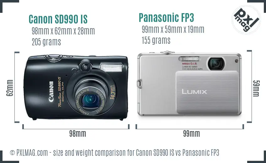 Canon SD990 IS vs Panasonic FP3 size comparison