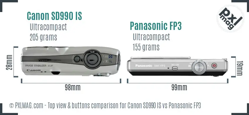 Canon SD990 IS vs Panasonic FP3 top view buttons comparison
