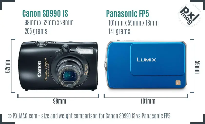 Canon SD990 IS vs Panasonic FP5 size comparison